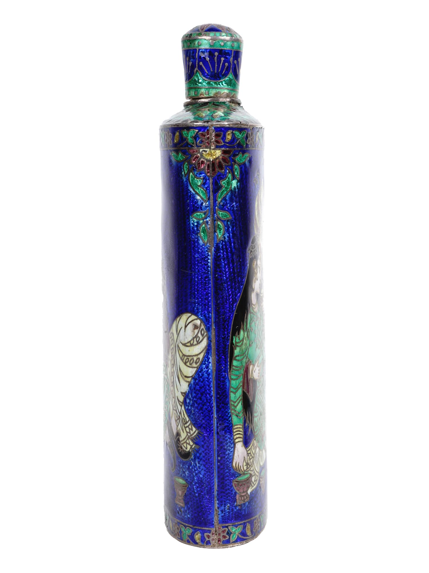 INDIAN SILVER AND ENAMEL FLASK W COURTING SCENE PIC-2